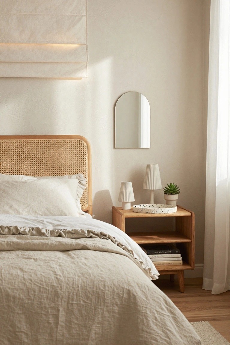 A bedroom with a wooden bed frame featuring a curved rattan headboard, white ruffled linens, wooden nightstand holding two white lamps a plant and tray, arched mirror on beige wall, near a window with sheer curtains.