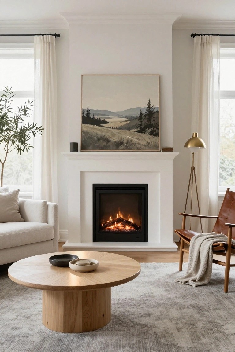 Modern living room with white fireplace surround and gas flames, cream sofa on left, tan leather armchair with throw on right, round light wood pedestal coffee table holding black and white ceramic bowls, large framed landscape painting above mantel, sheer curtains on tall windows, potted olive tree, and tripod floor lamp.
