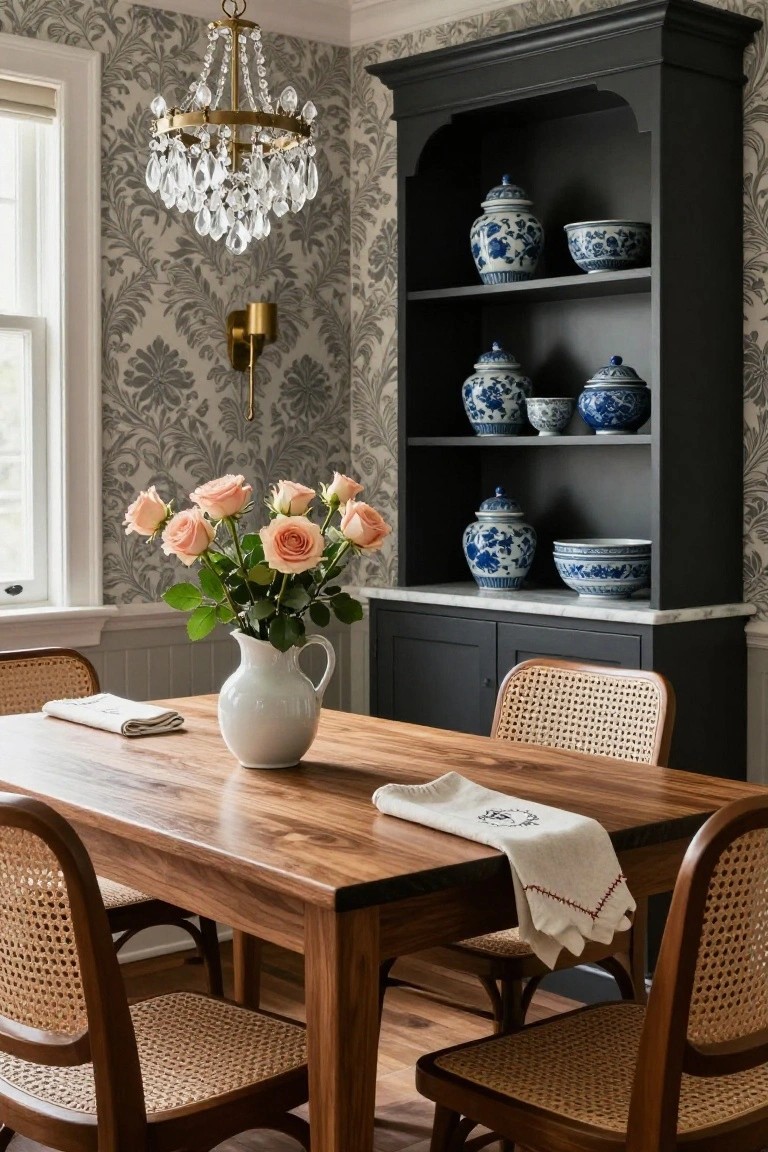 A traditional dining room with gray damask wallpaper, a black painted wood cabinet displaying blue-and-white porcelain jars and bowls on open shelves, a wooden dining table with rattan chairs, a white pitcher of pink roses, and a brass chandelier.