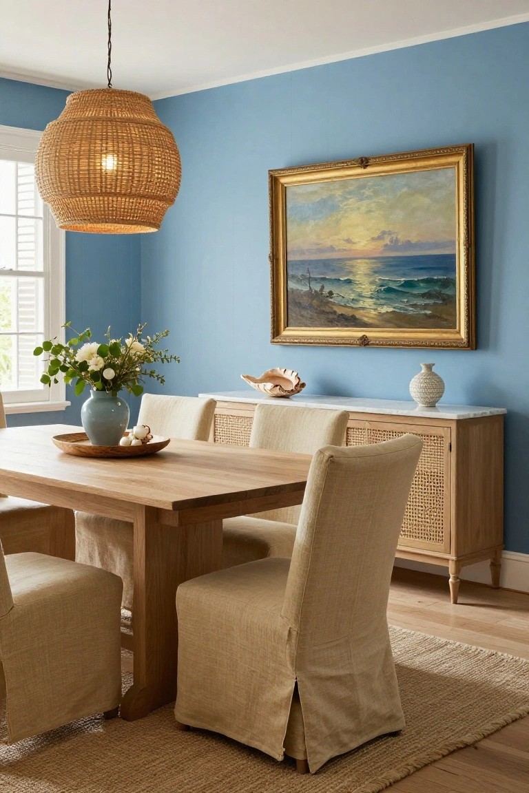Dining room with light blue walls, rattan pendant light over wooden table and beige slipcovered chairs, gold-framed seascape painting, blue vase of white flowers on wooden tray, cane-front buffet with marble top, seashell, and vase.