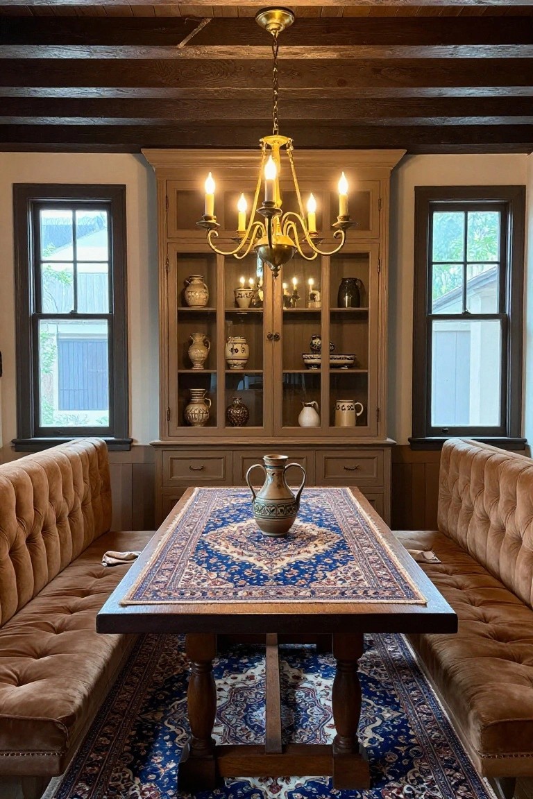 Traditional dining room with tan tufted banquettes on opposite walls, wooden table topped with blue rug runner and pitcher, wooden cabinets displaying ceramics, brass chandelier from beamed ceiling, and dark-framed windows.