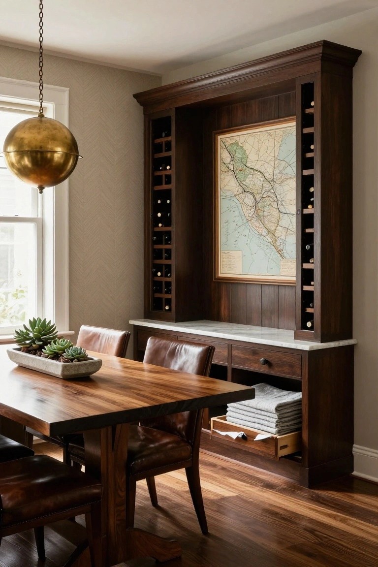 Tall wooden built-in cabinet in a dining room with wine bottle racks, central framed map, marble countertop, drawers, wooden dining table, leather chairs, and potted succulents on the table.