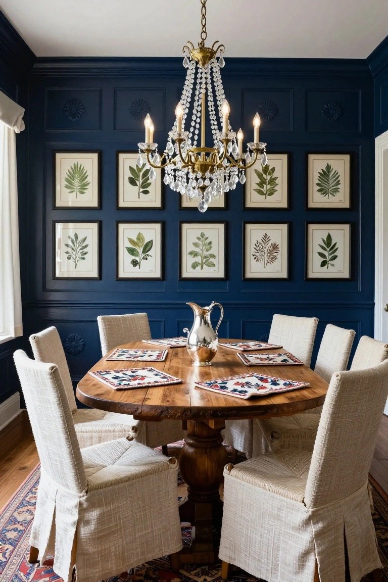 A formal dining room with dark navy blue paneled walls displaying white-framed botanical leaf prints, a brass and crystal chandelier, round wood pedestal table with colorful placemats and silver pitcher, white slipcovered chairs, and patterned rug.