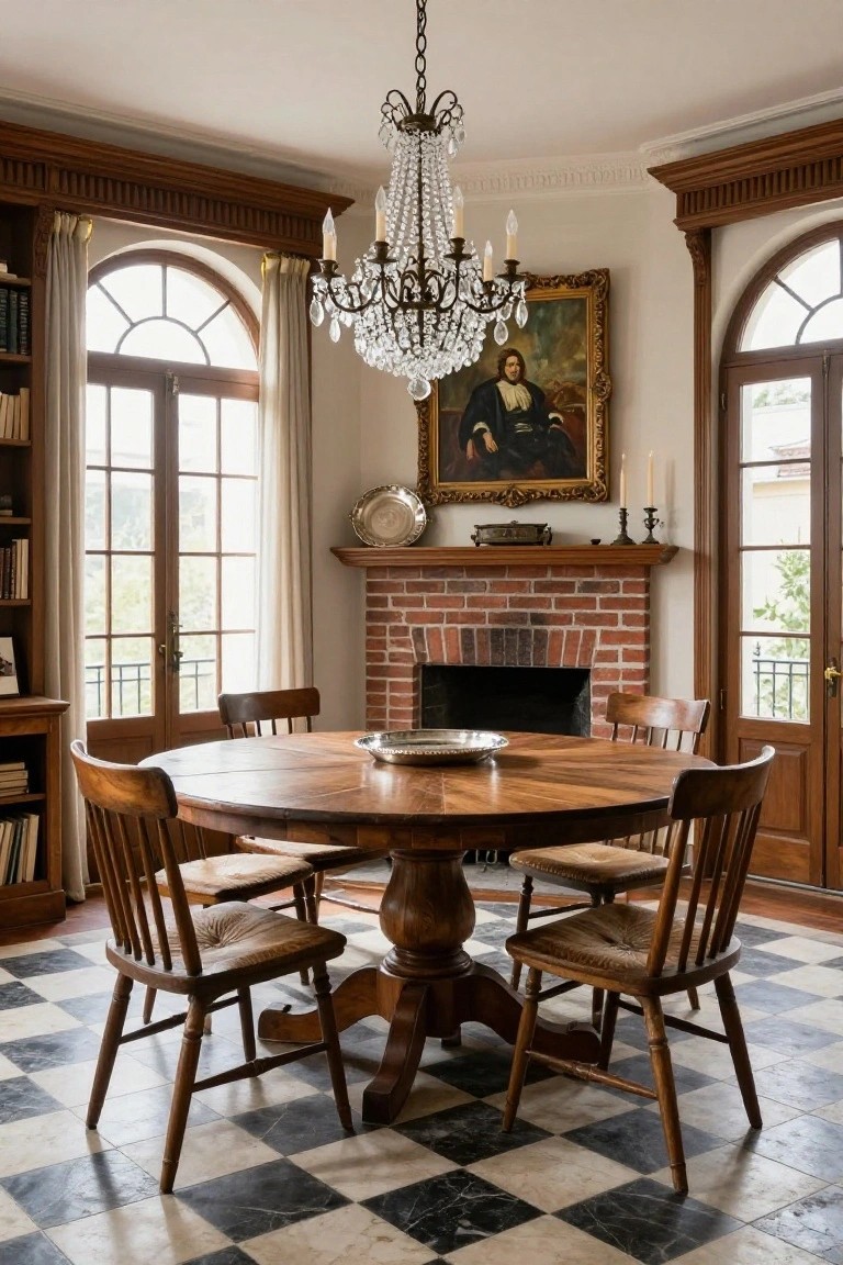 A traditional interior dining room with a round wooden pedestal table and four wooden chairs with cane seats on a black and white checkered marble floor, brick fireplace, chandelier, bookshelves, and arched windows.