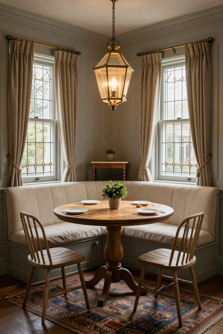 Corner dining nook with beige built-in banquette seating around a round wooden table set with plates and a potted plant centerpiece, wooden chairs on either side, brass lantern pendant light overhead, leaded glass windows with beige curtains, and a patterned rug on wood floor.