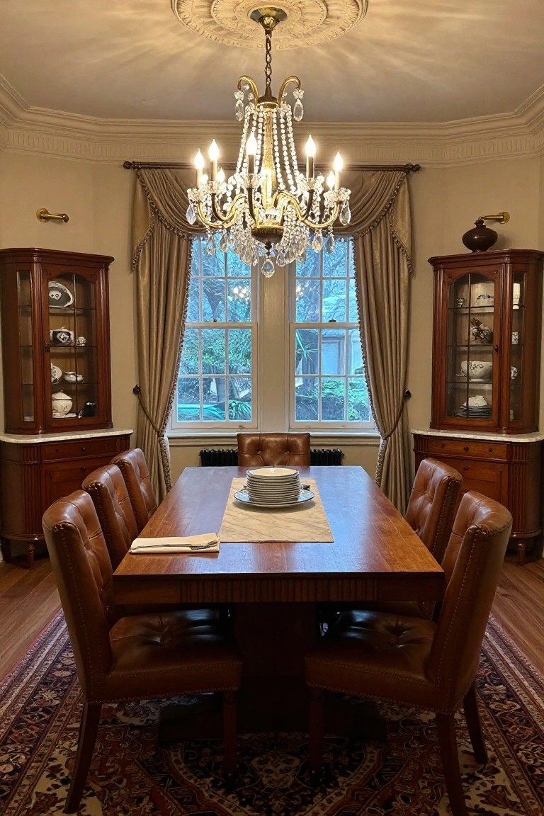 Traditional dining room with crystal chandelier over rectangular wooden table surrounded by leather chairs, matching wooden display cabinets on either side, beige drapes on window, and patterned rug on floor.