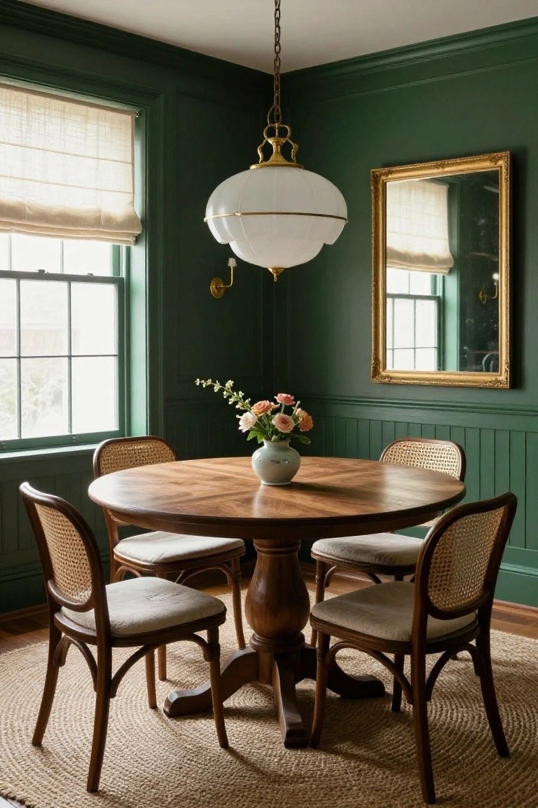 Corner dining room with deep green paneled walls, round parquet-topped wood pedestal table, four rattan chairs with cream cushions, white ceramic vase of pink and white flowers on table, white milk-glass pendant light, gold-framed mirror, and double-hung windows with linen roman shades.