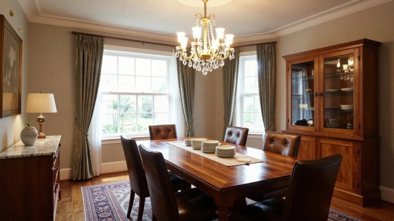 Traditional dining room with crystal chandelier over rectangular wooden table surrounded by leather chairs, matching wooden display cabinets on either side, beige drapes on window, and patterned rug on floor.