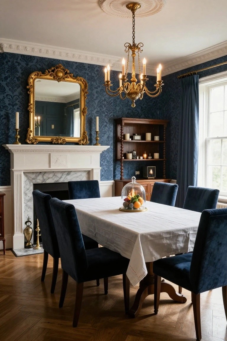 Traditional dining room with navy damask wallpaper on walls, white marble fireplace topped by large gold-framed mirror and candles, gold chandelier above navy velvet chairs at rectangular table draped in white cloth, wooden bookcase, blue curtains at window, parquet wood floor.