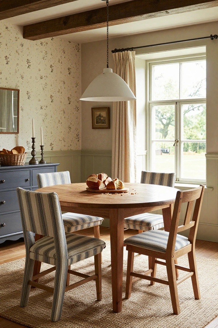 Dining room interior with round wooden table topped by loaves of bread on a wooden board, four wooden chairs with blue and white striped upholstery, floral patterned wallpaper above green wainscoting, exposed beam ceiling, and window with view of trees.