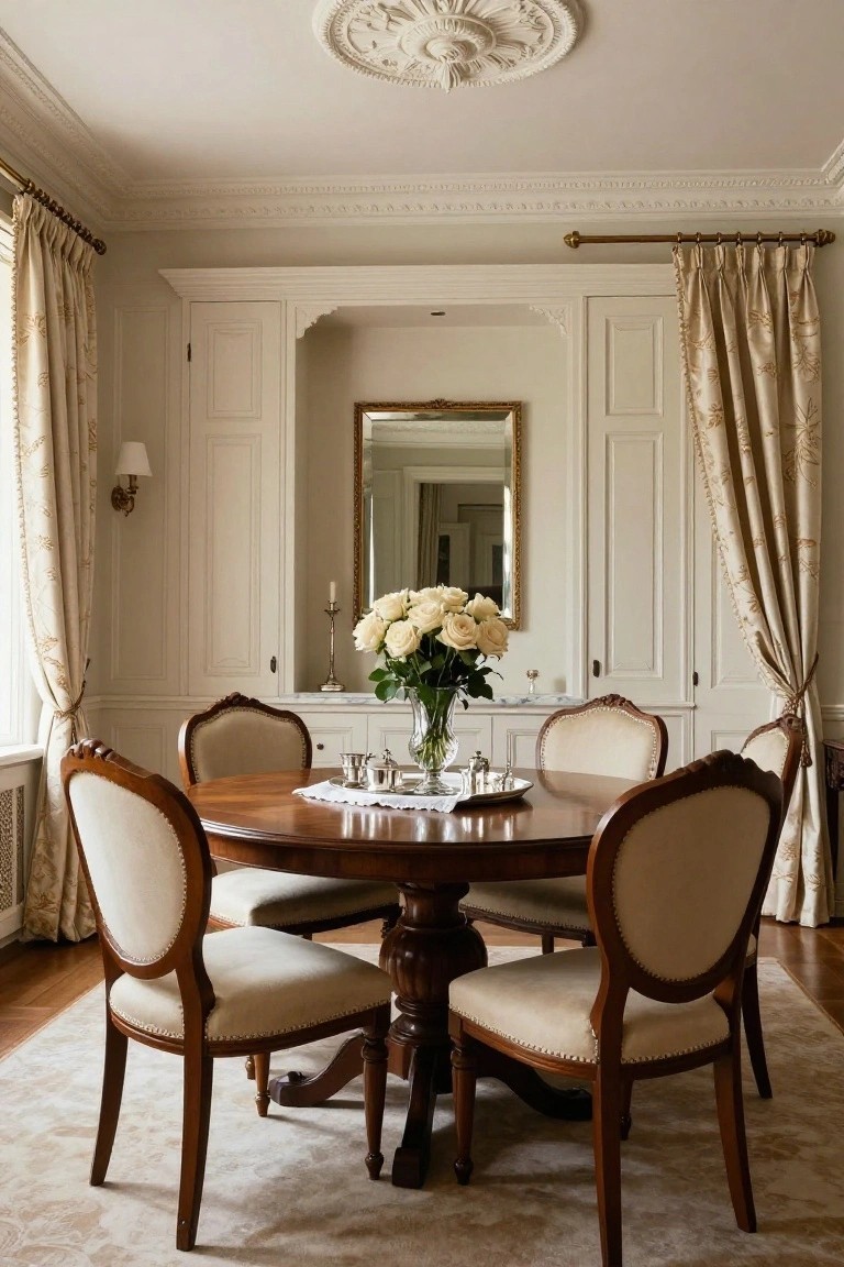 Traditional dining room with round mahogany pedestal table, four cream-upholstered carved armchairs, central vase of white roses, built-in white cabinetry flanking a gold-framed mirror, cream draperies on windows, ornate ceiling medallion, and light hardwood floor with beige rug.