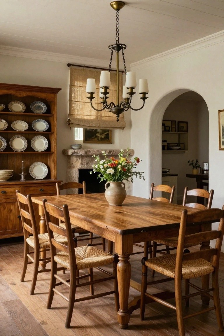 A traditional dining room with a large rectangular wooden table and eight wooden chairs with rush seats, a wooden hutch displaying white plates, a stone fireplace holding a terracotta vase of flowers, and a brass five-light chandelier overhead.