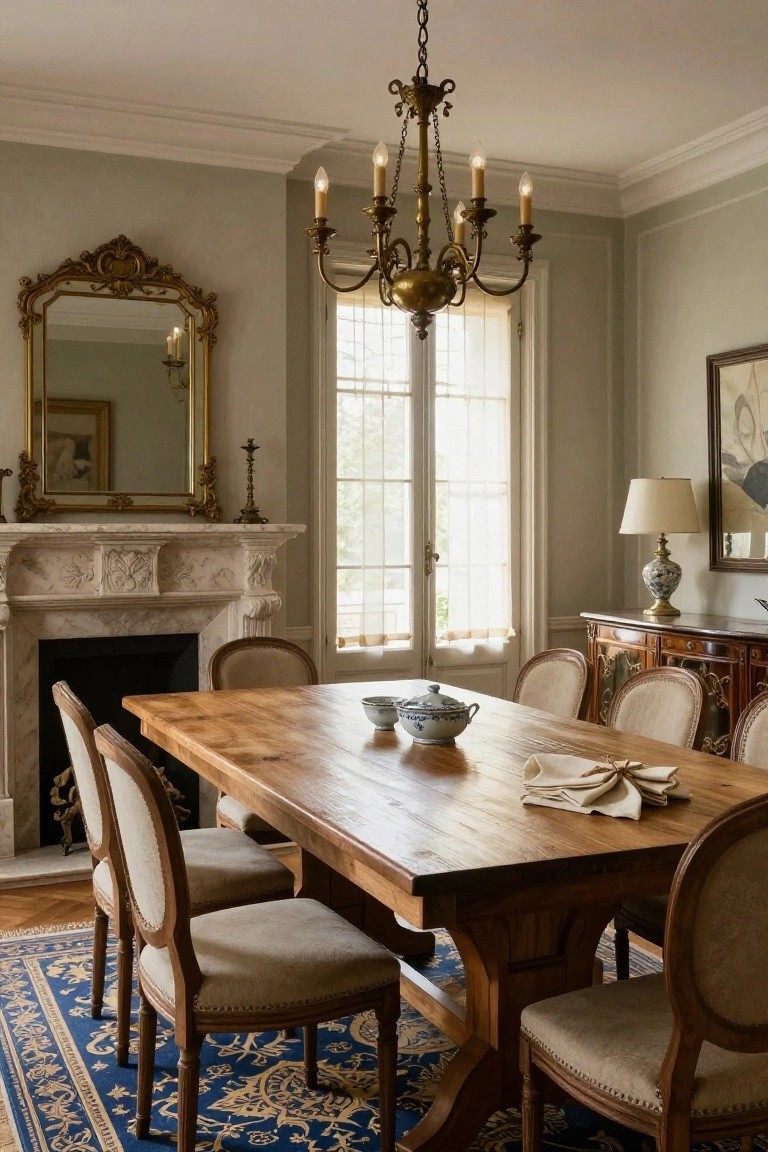 Traditional dining room with central rectangular wooden trestle table and beige upholstered armchairs, marble fireplace, ornate gilded mirror, brass chandelier, sideboard, and Persian rug on pale green walls.