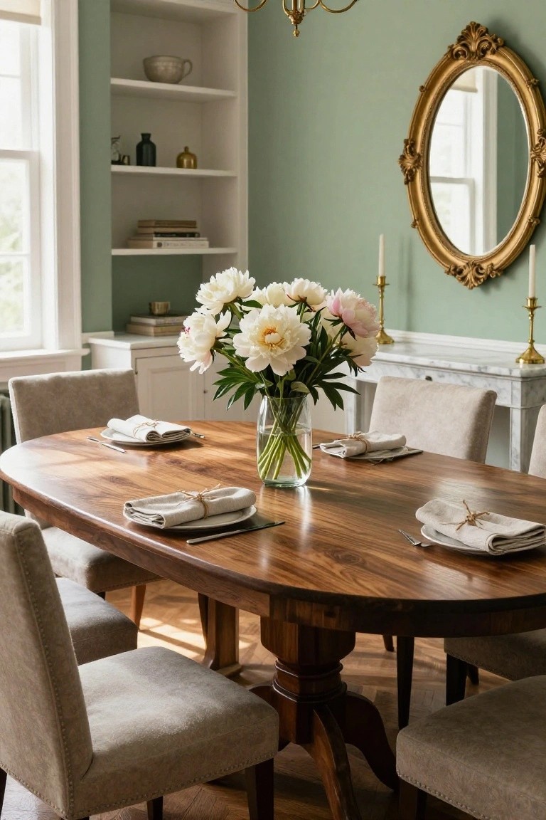 Oval polished wood dining table in a sage green walled room, set with white plates, twine-tied linen napkins, and glass vase of white peonies, surrounded by six beige upholstered armchairs, with built-in bookshelves, brass chandelier, and ornate gold mirror nearby.