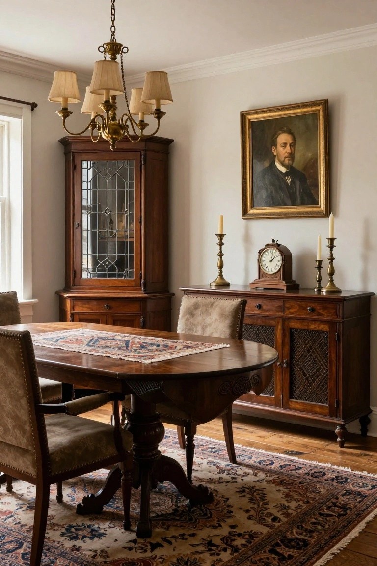 A traditional dining room interior with a round wooden pedestal table on a patterned rug, wooden curio cabinet with leaded glass doors on one side, wooden sideboard with clock and candlesticks on the other, brass chandelier overhead, and a framed portrait on the wall.
