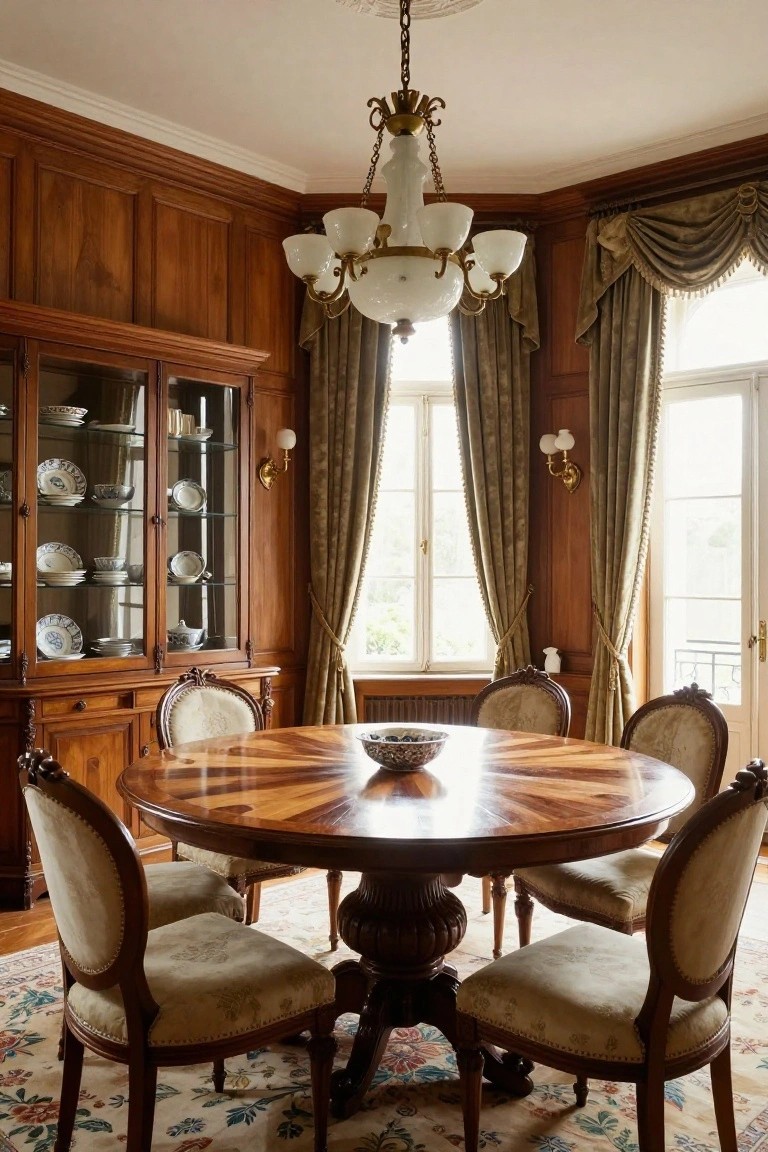 A traditional interior dining room with dark wood-paneled walls, a round wooden marquetry table centered under a chandelier, four upholstered chairs, a wooden china cabinet, and large windows with green drapes.