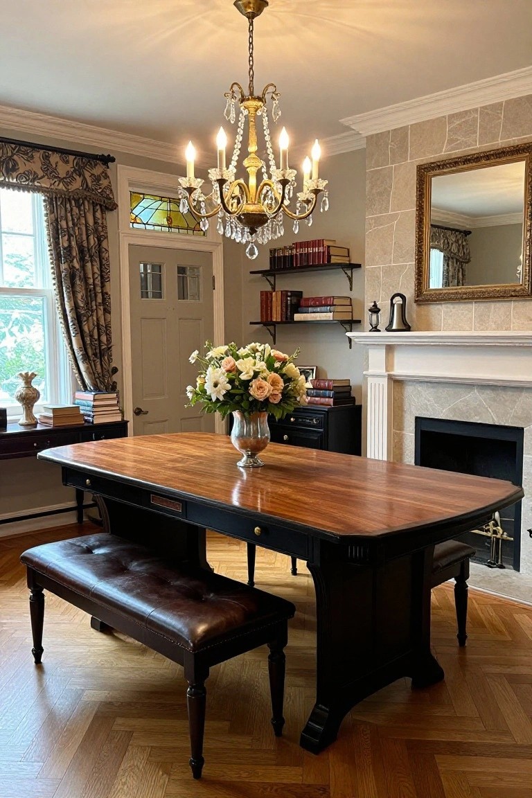 A traditional dining room with a large rectangular table featuring a polished wood top and black pedestal base, flanked by leather-upholstered benches, under a multi-candle gold chandelier, beside a stone fireplace and bookshelves on wood floors.