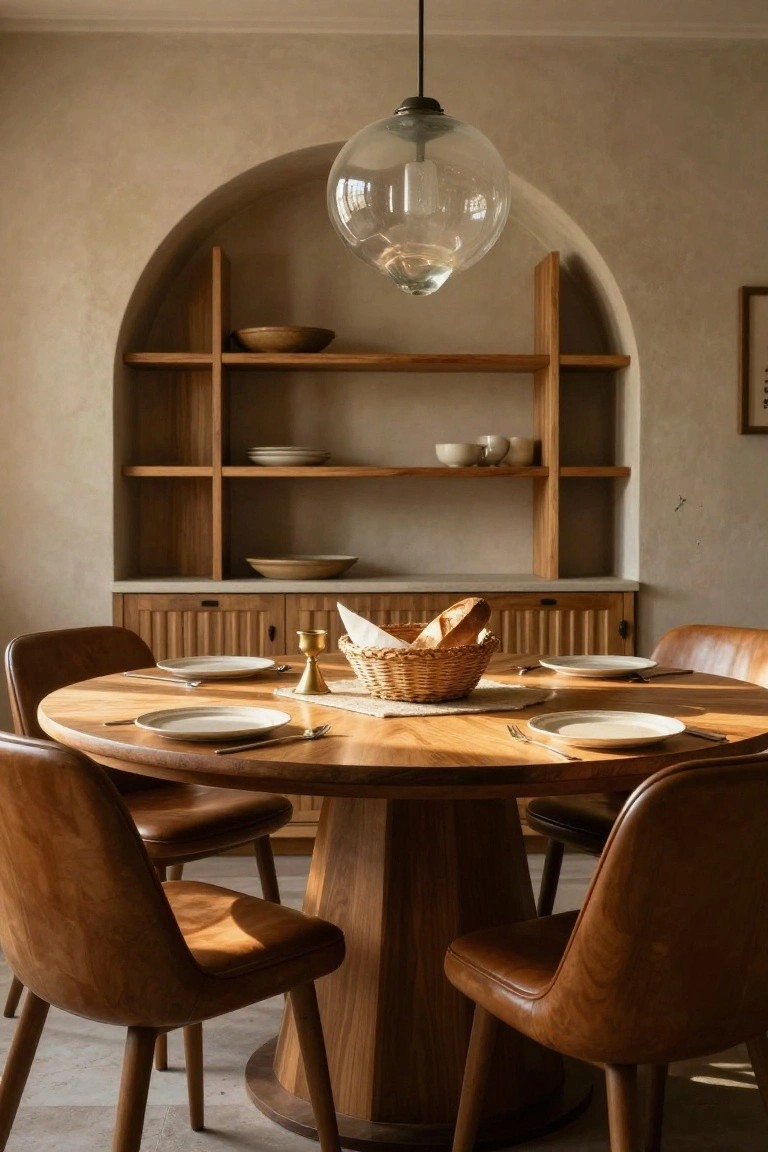 Round wooden pedestal dining table with tan leather chairs and white plates in a beige-walled room, centered under a large clear glass pendant light, against an arched wooden shelving niche displaying ceramics and a wood cabinet base.