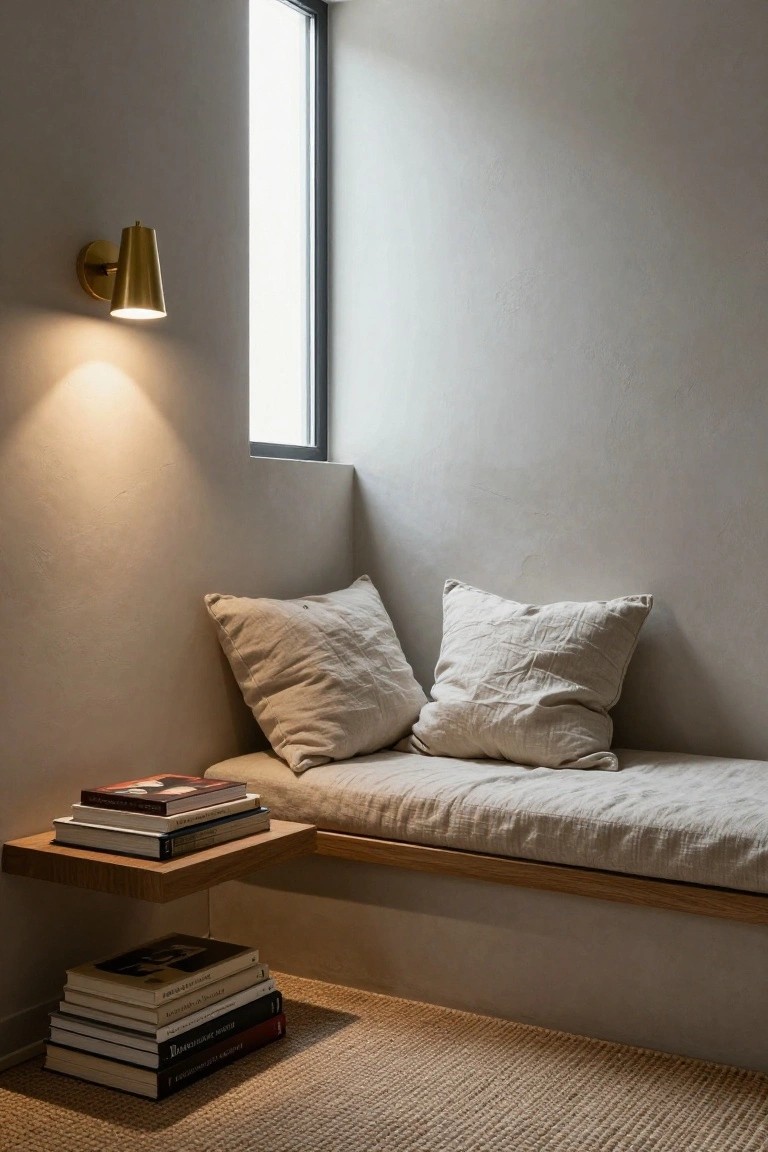 Minimalist interior nook with wooden built-in bench topped by two white linen cushions, adjacent floating oak shelf holding stacked books, gold conical wall light, seagrass rug on floor, and tall window in light beige plaster wall.
