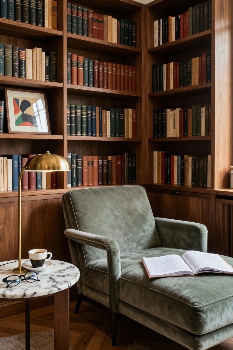 Corner of a wood-paneled library room with floor-to-ceiling bookshelves, green velvet armchair with footstool, brass floor lamp, marble side table holding coffee cup, saucer, eyeglasses, and an open book on the footstool.