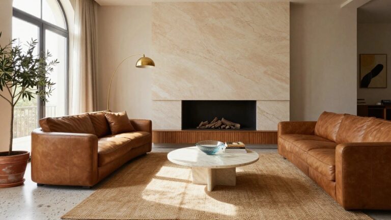 Modern living room with tall beige veined marble wall containing a linear gas fireplace, tan leather L-shaped sofa, round marble and oak coffee table holding books and a glass bowl, seagrass rug, potted olive tree, arched window with cream curtains, and wood cabinet.