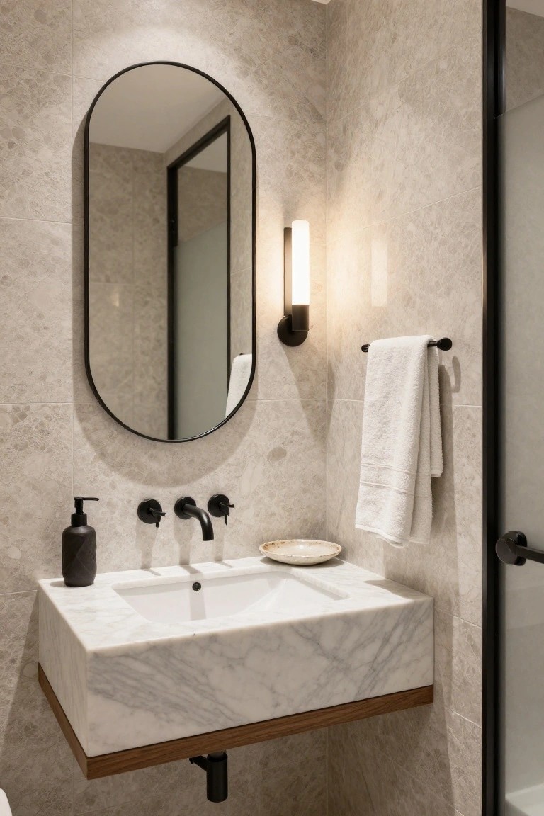 Modern bathroom with wall-mounted white marble vanity sink, black matte faucets and soap dispenser, oval black-framed mirror, white towel on black bar, beige stone tile walls, and wood shelf under sink.