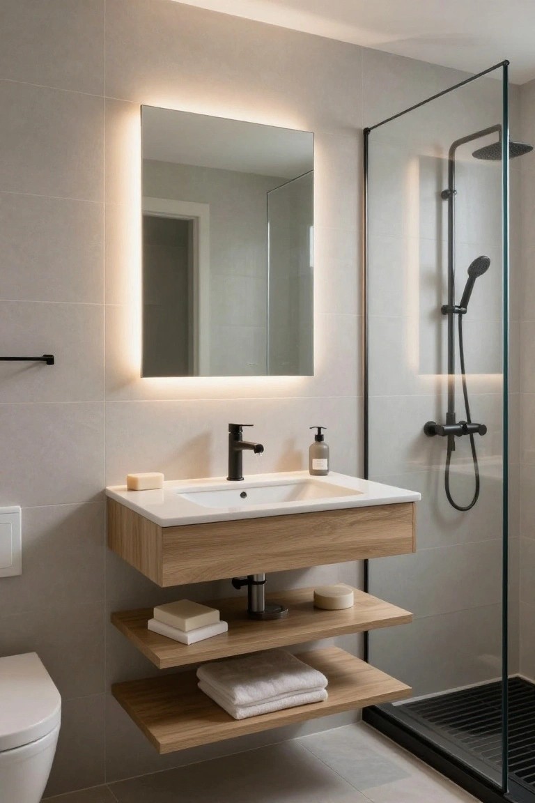 Modern bathroom with floating oak wood vanity and shelves under illuminated mirror, black fixtures, glass shower enclosure, and wall-hung toilet on light gray tiles.