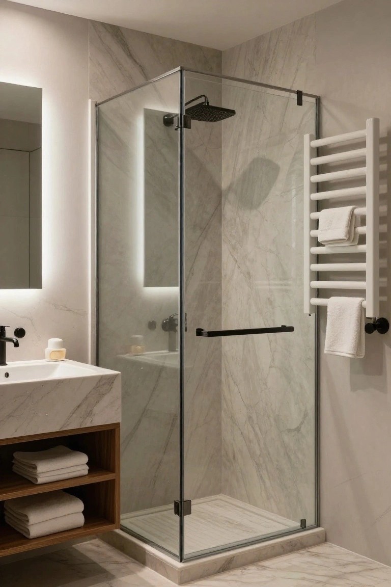 Modern bathroom with corner glass shower enclosure featuring light gray marble walls and floor, white floating vanity with black faucet, white towel radiator, and folded towels on shelves.