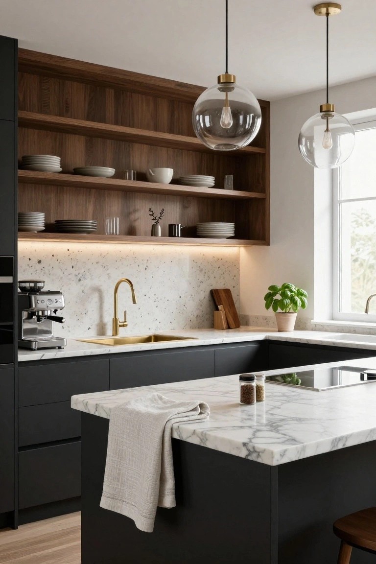 Modern kitchen with matte black lower cabinets, white marble countertops and island, speckled white backsplash, gold faucet and hardware, open wood upper shelving displaying white plates and bowls, espresso machine, pendant lights, and a window.