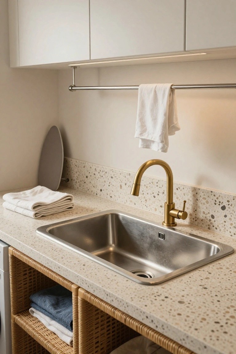 Modern laundry sink area with white upper cabinets, speckled beige countertop, brass pull-out faucet over stainless steel sink, hanging towel bar with white towel, folded white linens on counter, gray ironing board leaning nearby, and open rattan shelving below holding blue and white towels.