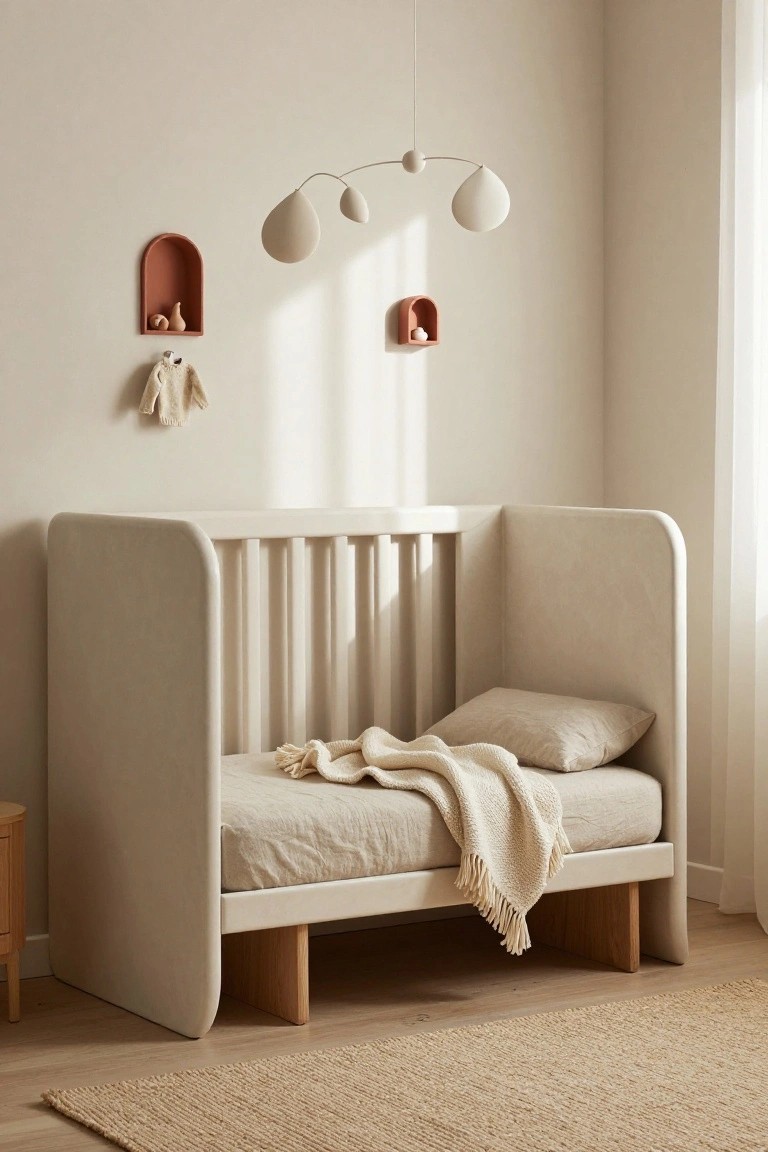 Cream upholstered crib with rounded headboard and footboard, wooden spindles, and linen bedding in a beige nursery room with wall shelves, hanging light fixture, and seagrass rug.