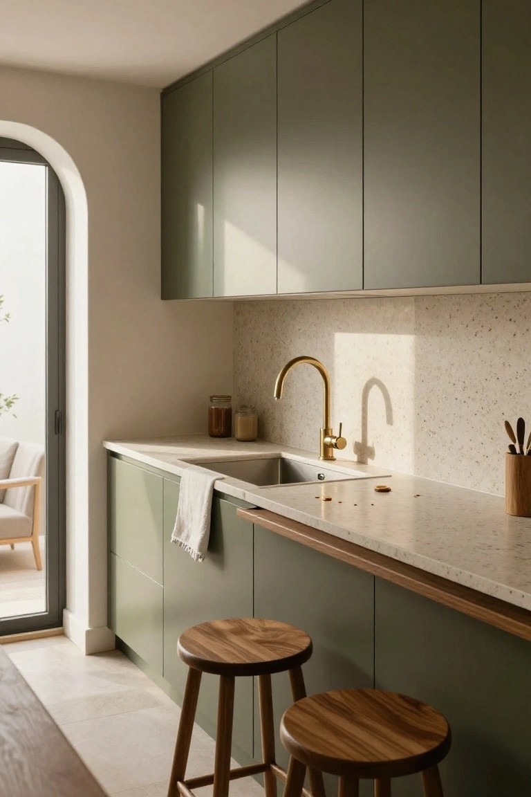 Modern kitchen interior with sage green cabinets, white terrazzo backsplash with gold faucet and sink, light countertops, wood bar stools, and an arched glass door to outdoors.