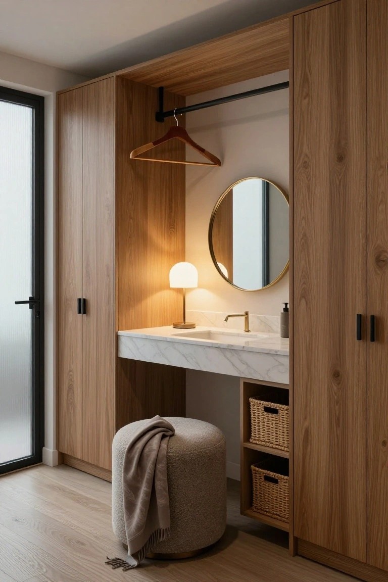Tall oak wood wardrobes with integrated marble vanity, round gold mirror, hanging rod, wicker baskets, lamp, and fabric pouf stool in a modern dressing room with wooden flooring.