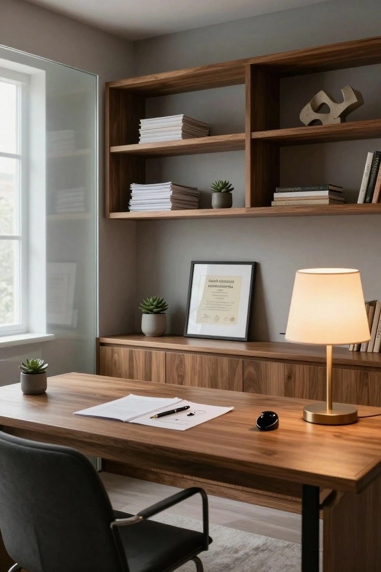 Modern home office with continuous walnut wood built-in shelving, desk, and cabinets along a light gray wall, featuring potted succulents, desk lamp, open notebook, pen, and framed certificate near a window.