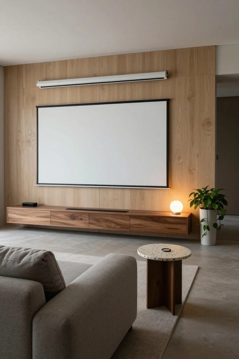 Modern living room interior with light wood paneled wall, projector screen, floating wooden media cabinet with drawers, gray sofa, wood side table with terrazzo top, globe lamp, potted plant, and polished concrete floor.