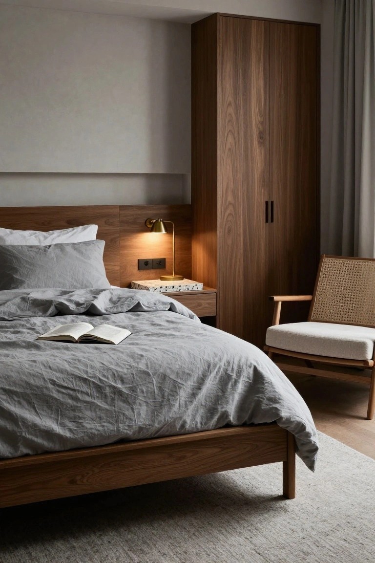 Modern bedroom with low wooden platform bed covered in rumpled gray linen bedding and an open book, brass arched lamp on nightstand with books, tall wooden wardrobe, rattan armchair with white cushion, neutral walls, curtains, and light rug on wood floor.