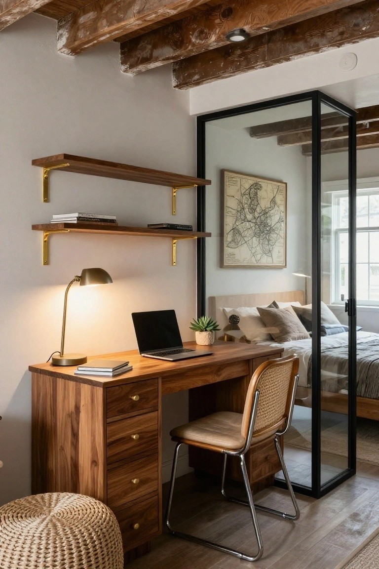 Cozy home office nook featuring a wooden desk with drawers, rattan chair and pouf, floating wood shelves, brass lamp, and black-framed glass partition opening to a bedroom with bed, under exposed wooden ceiling beams.
