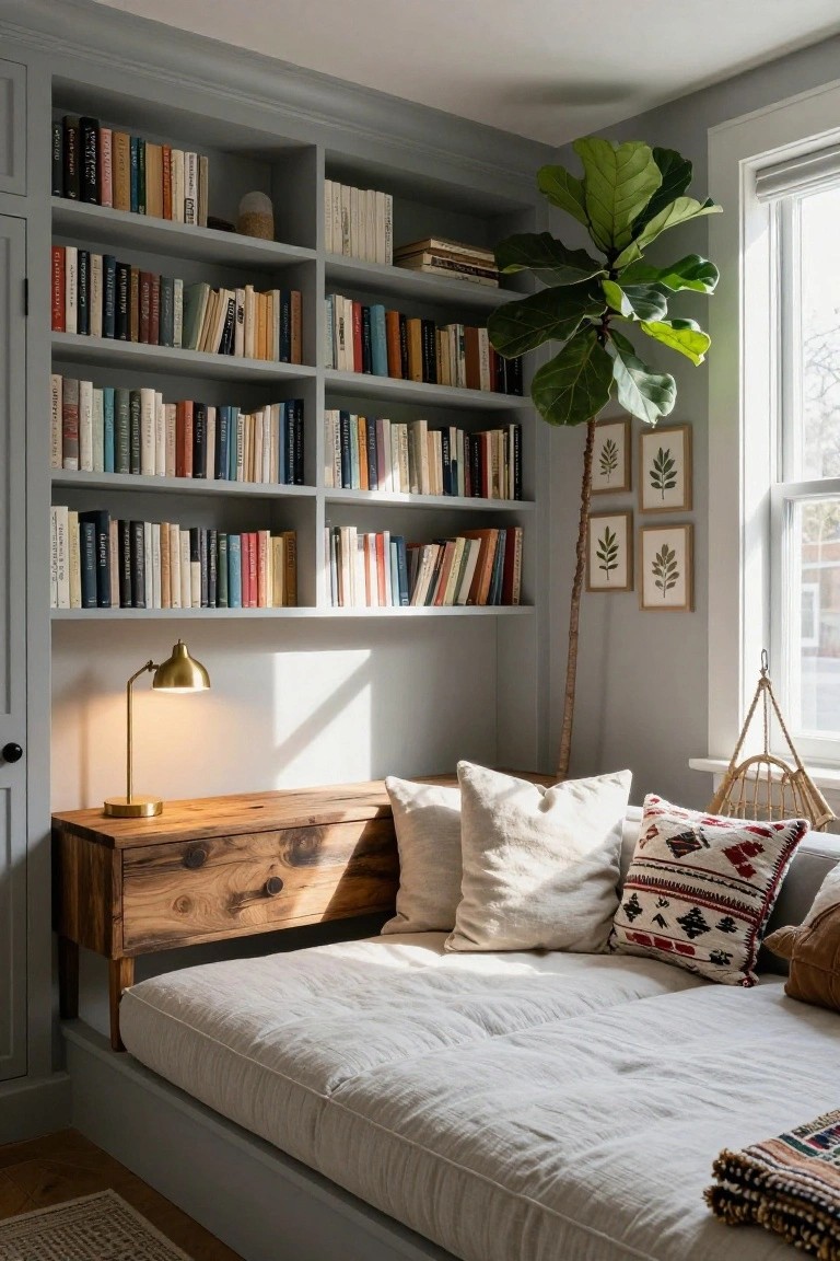Gray built-in bookshelves filled with books surround a low white platform bed with wooden nightstand, brass lamp, large fiddle leaf fig plant, and window in a bedroom nook.