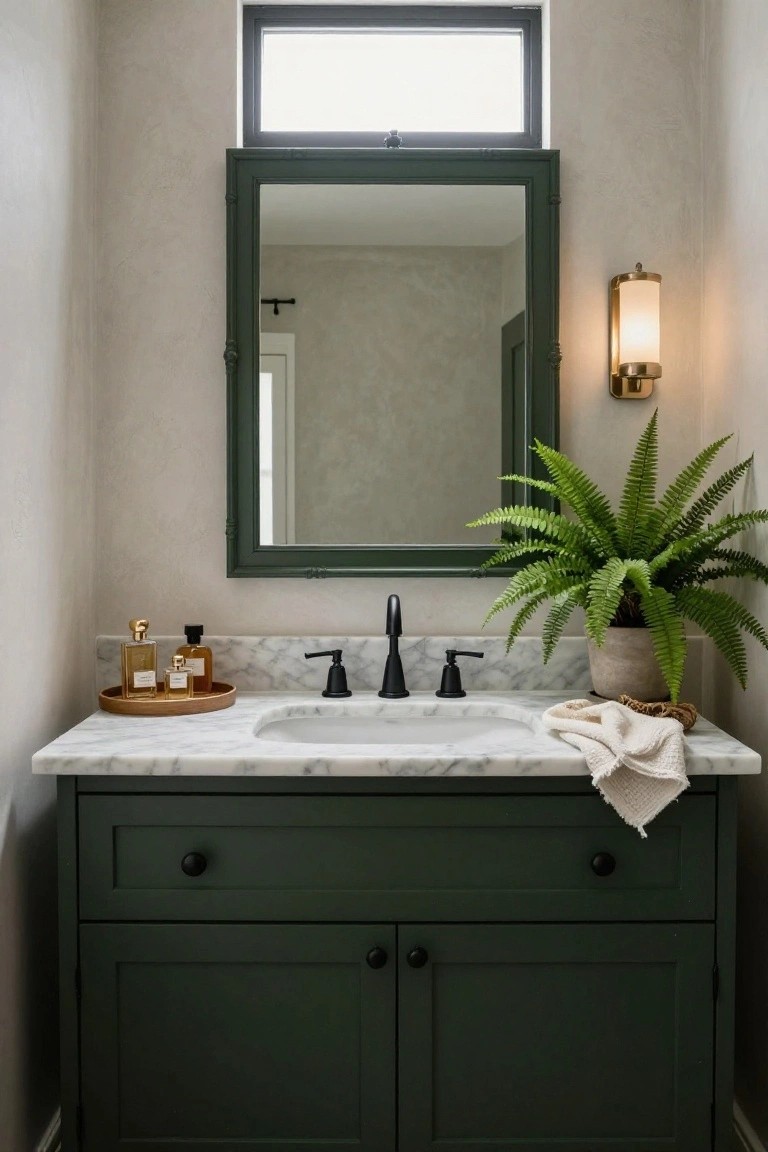 Deep green wooden vanity cabinet with white marble countertop and undermount sink, black faucet, gold-accented perfume bottles on a wooden tray, white towel, potted fern plant, and large green-framed mirror in a beige-walled bathroom.