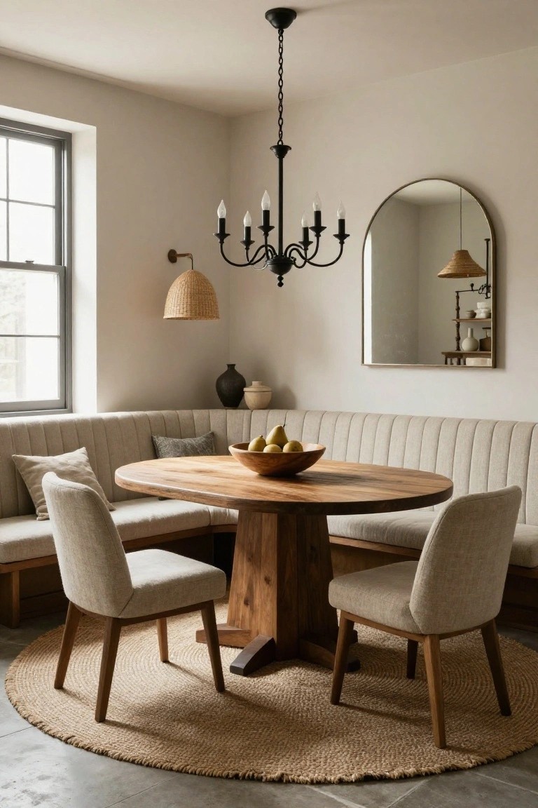 Corner dining area with beige tufted banquette seating, oval wooden pedestal table, two cream upholstered chairs, seagrass rug, black chandelier, rattan wall lamp, and arched mirror in a light neutral room.