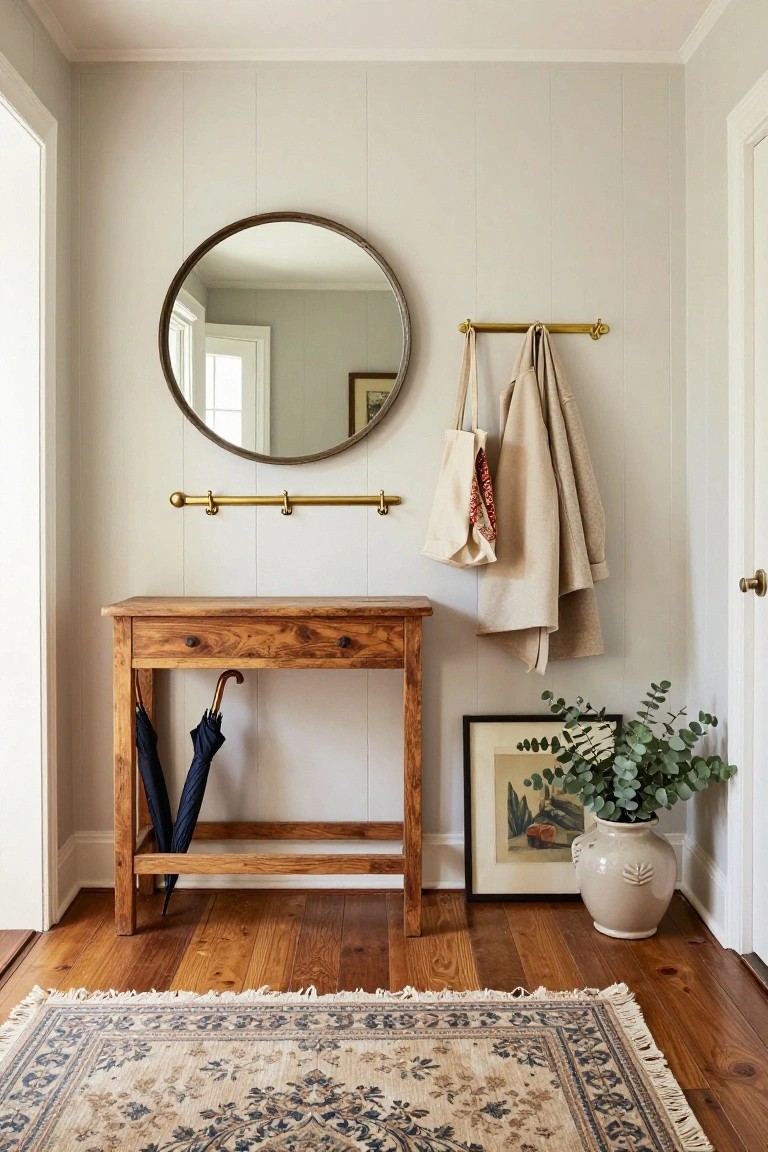 Entryway with wooden console table holding two umbrellas underneath, brass wall hooks with coats and tote bag, round mirror, framed art, eucalyptus in white vase, and Persian-style rug on hardwood floor.