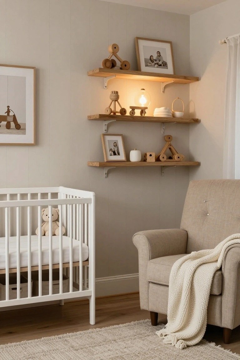 Cozy nursery corner with white crib containing teddy bear, beige armchair draped with white throw, floating wooden shelves holding wooden toys photos and ceramics on light gray paneled wall, hardwood floor and rug.