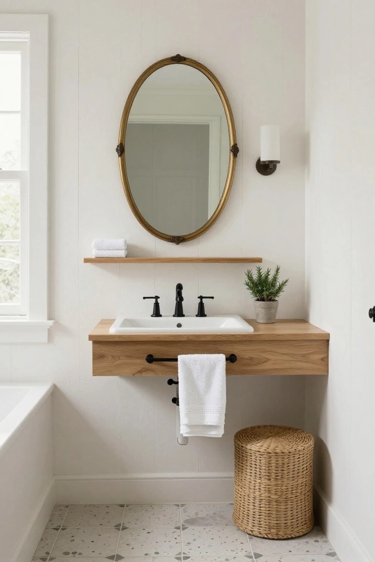 White shiplap bathroom with floating oak vanity, black three-handle faucet, oval gold mirror, wooden shelf with towels and plant, woven stool, and bathtub on dotted tile floor.