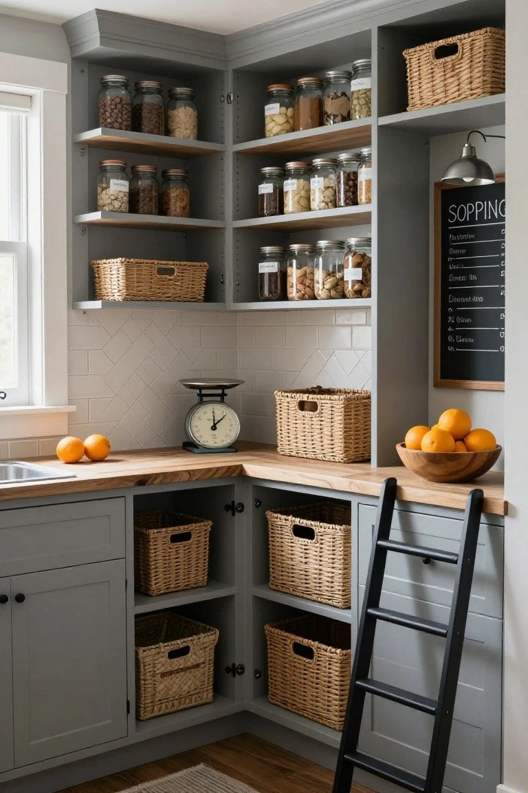 Corner kitchen pantry with gray cabinets, open wood shelves holding glass jars of dry goods and nuts, wicker baskets, black wooden ladder, vintage scale, bowl of oranges on wood countertop, and chalkboard shopping list.