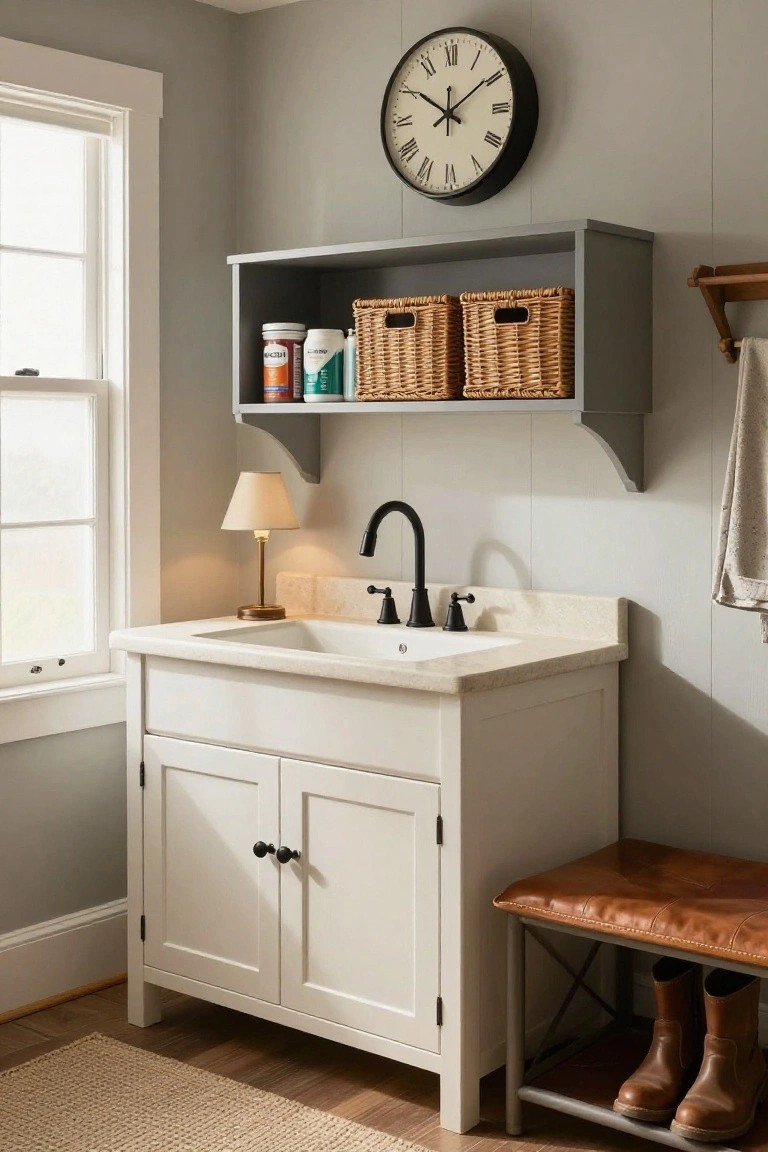 Small laundry room with light gray walls, white utility sink cabinet, open gray wall shelves holding wicker baskets and plastic containers, table lamp, wall clock, towel rack, and leather-topped stool with boots on wood floor.