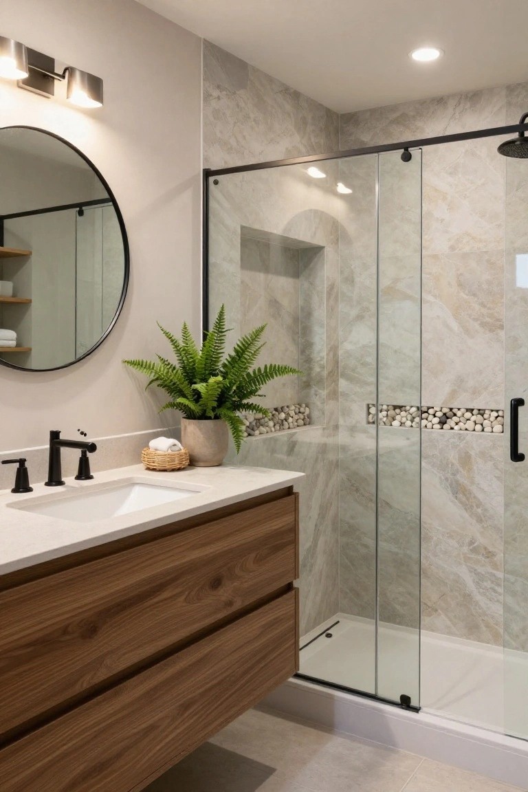 Modern bathroom with floating wooden vanity, round black-framed mirror, black faucets, potted plants, and glass shower enclosure against light gray marble tile walls.