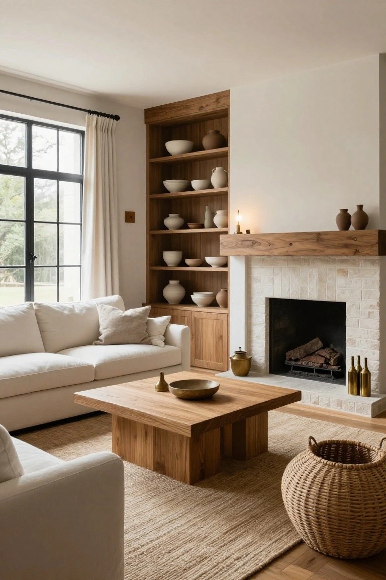 A living room with a white brick fireplace, thick wood mantel, and flanking wood built-in shelves and cabinets displaying pottery, next to a cream sofa, wood coffee table, seagrass rug, and large black-framed windows with cream curtains.