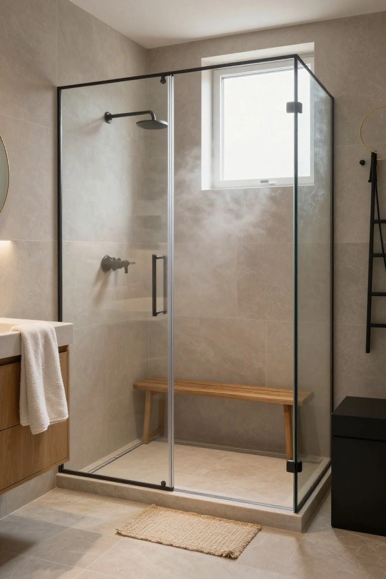 Corner glass shower enclosure with black metal frame and built-in wooden bench in a beige-tiled bathroom, adjacent to an oak vanity with white towel.