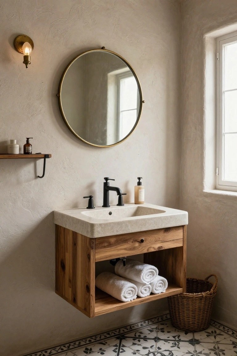 Rustic bathroom with beige textured walls, round brass mirror, floating wooden vanity under a white stone sink with black faucet, open shelf holding rolled white towels and a wicker basket, wooden wall shelf with bottles, brass wall light, and black-and-white patterned tile floor.