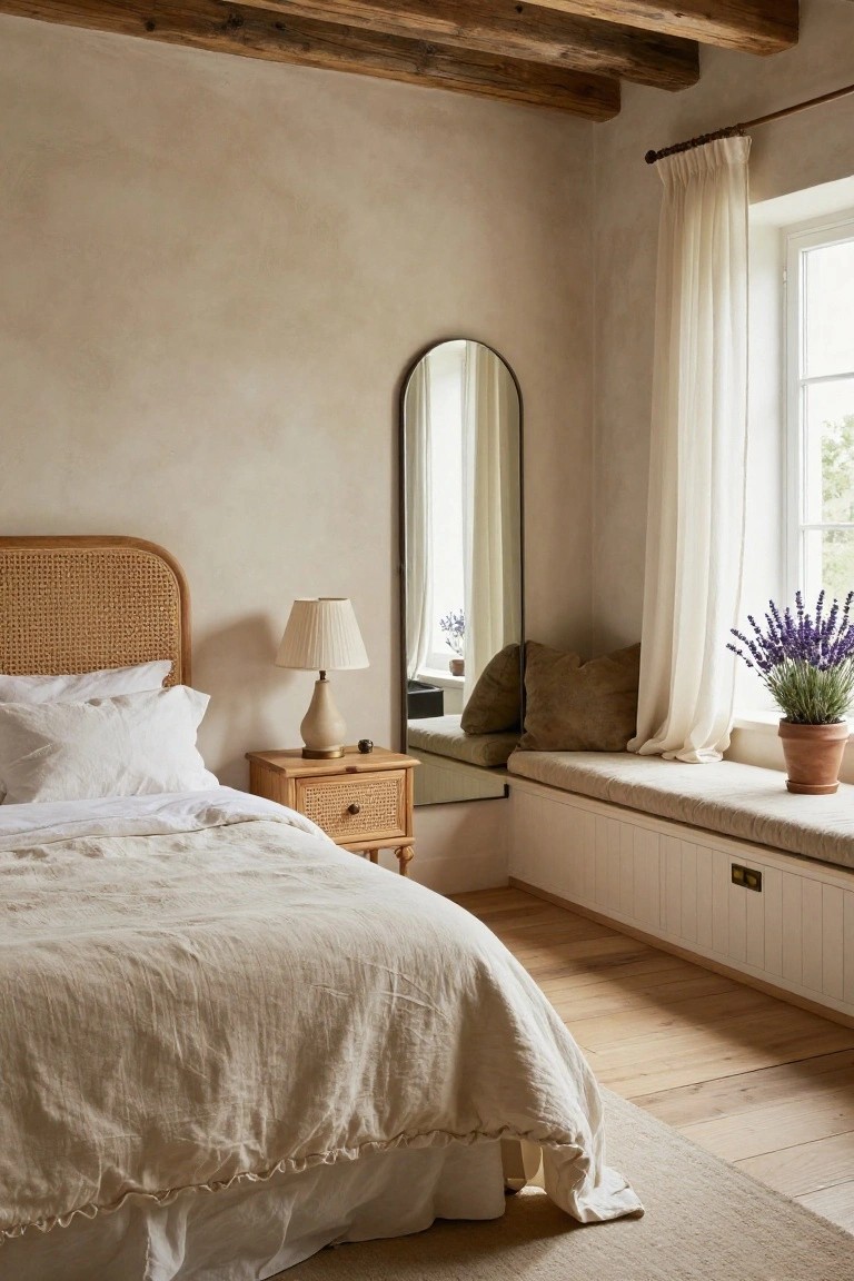 Beige bedroom with rattan headboard bed, wooden nightstand and lamp, tall arched mirror, built-in cushioned window seat, sheer curtains, and potted lavender plant by the window.